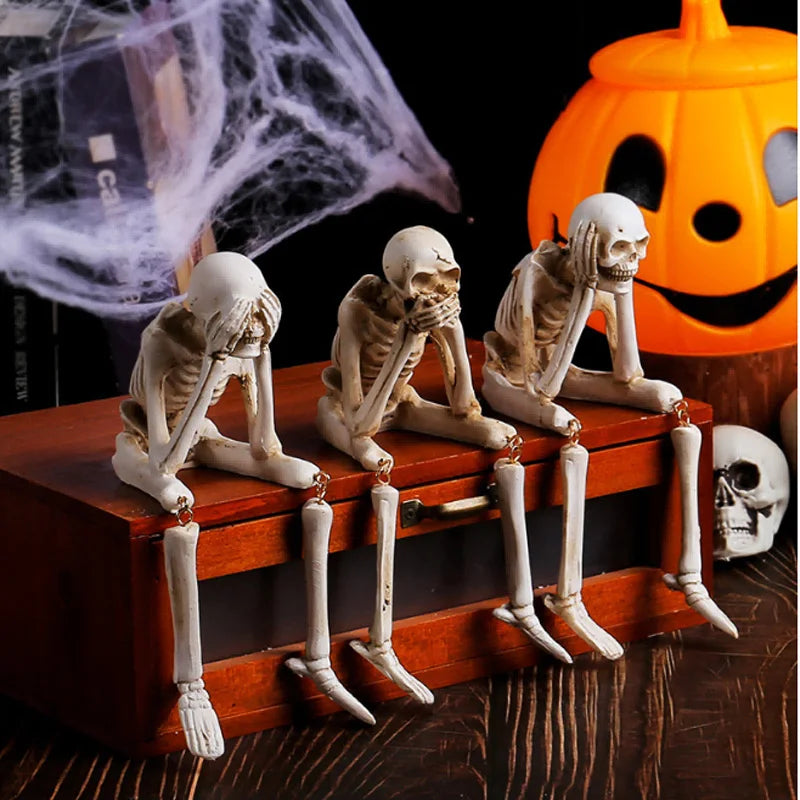 3-Piece Hear No See No Speak No Evil Skeleton Figurine Set – Gothic Halloween Tabletop Décor