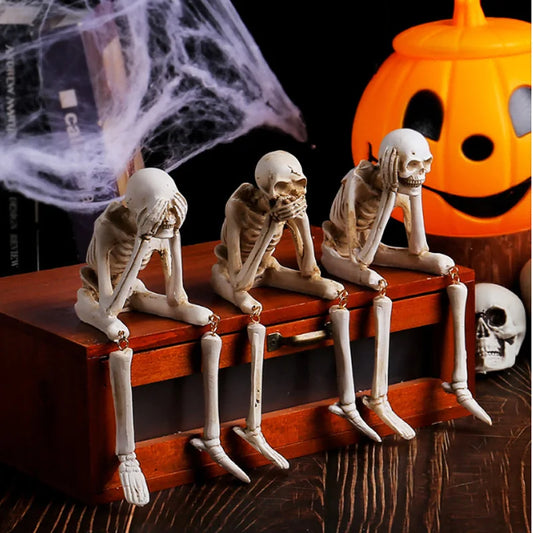 3-Piece Hear No See No Speak No Evil Skeleton Figurine Set – Gothic Halloween Tabletop Décor