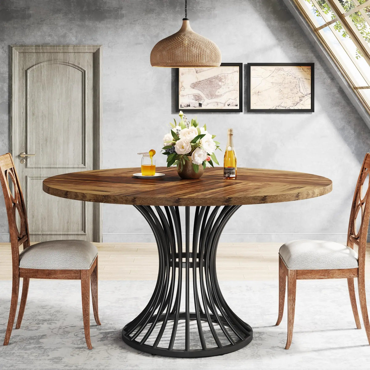 Tribesigns 47" Round Dining Table for 4–6 – Farmhouse Wood Table with Sculptural Metal Base