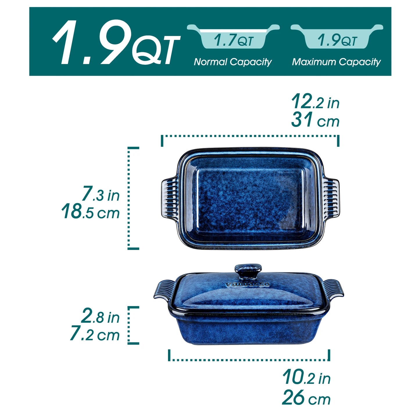 Vancasso Starry Blue Covered Casserole Baking Dish – 1.9 or 3.8 Qt