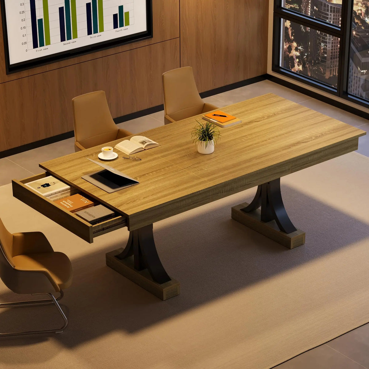 71" Industrial Dining Table for 6–8 – Rectangular Wood-Look Table with 2 Storage Drawers & Double Pedestal Base