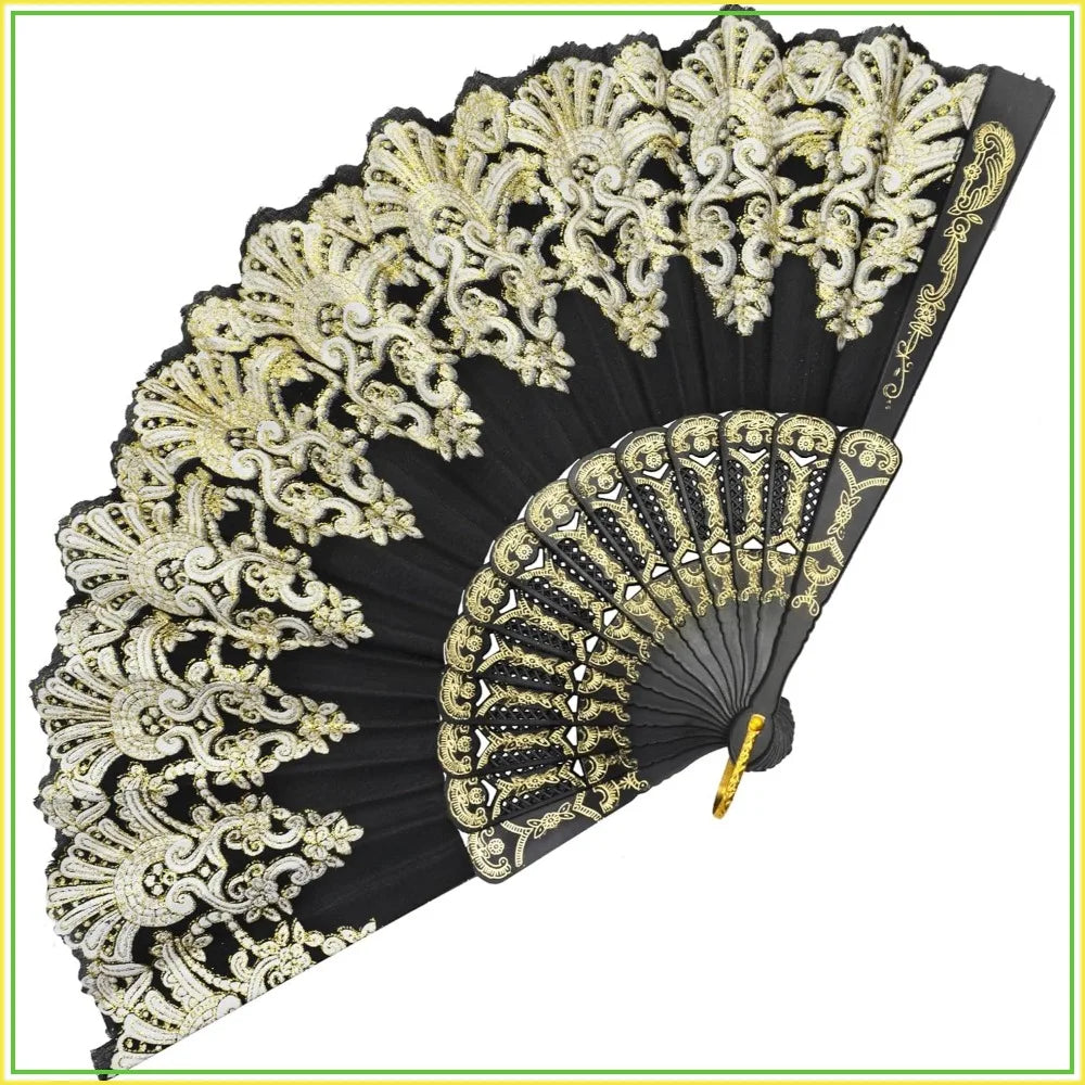 Black & Gold Decorative Folding Fan – 16.5"