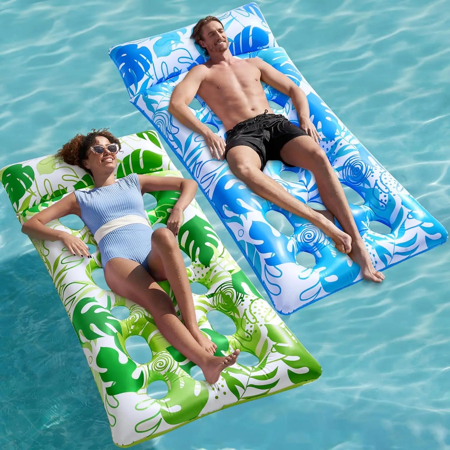 2-Pack Inflatable Pool Loungers with Headrests – Water-Flow Tanning Floats