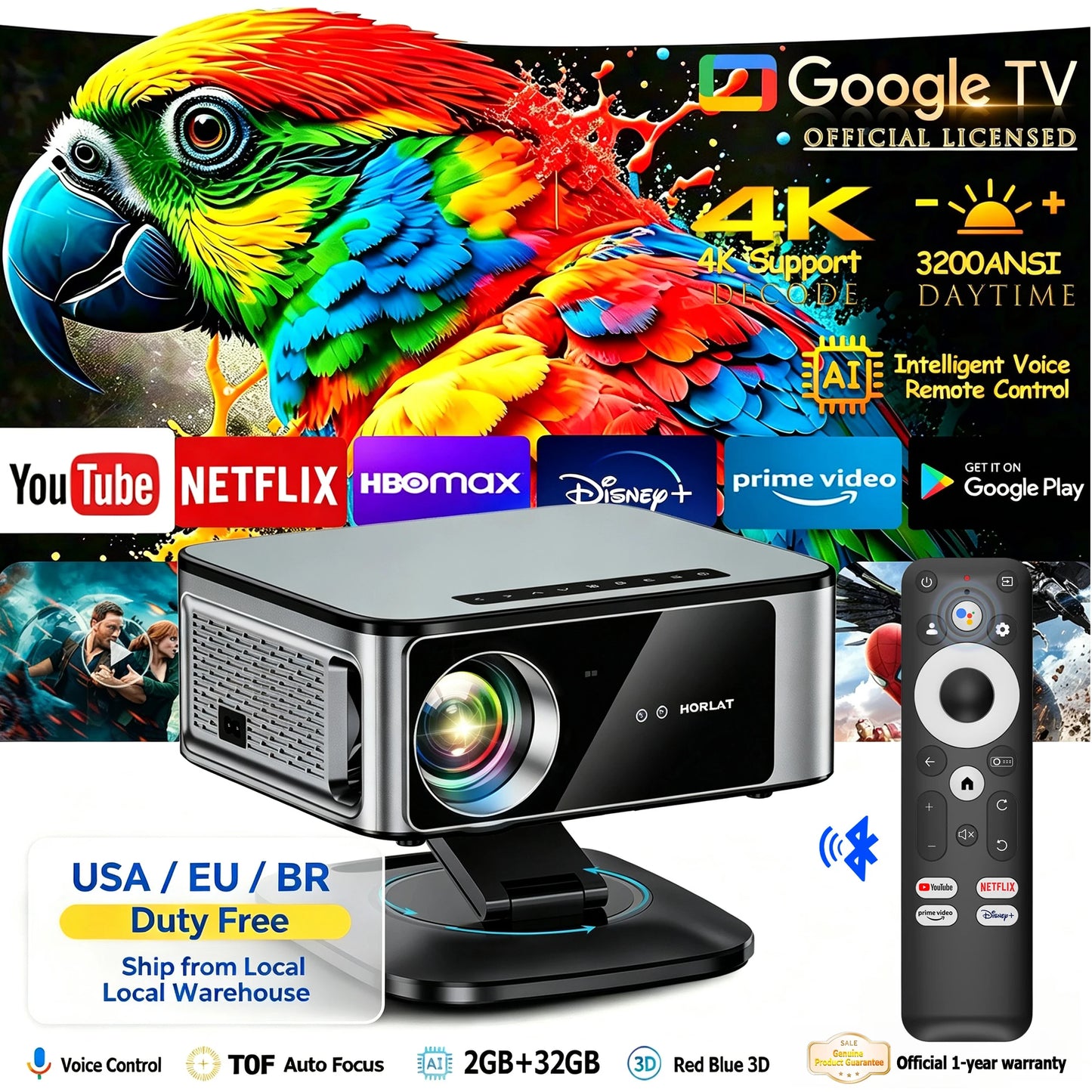 HORLAT T10ULTRA Smart Home Theater Projector – 3200 ANSI, Native 1080P, 4K/8K Decoding & WiFi 6