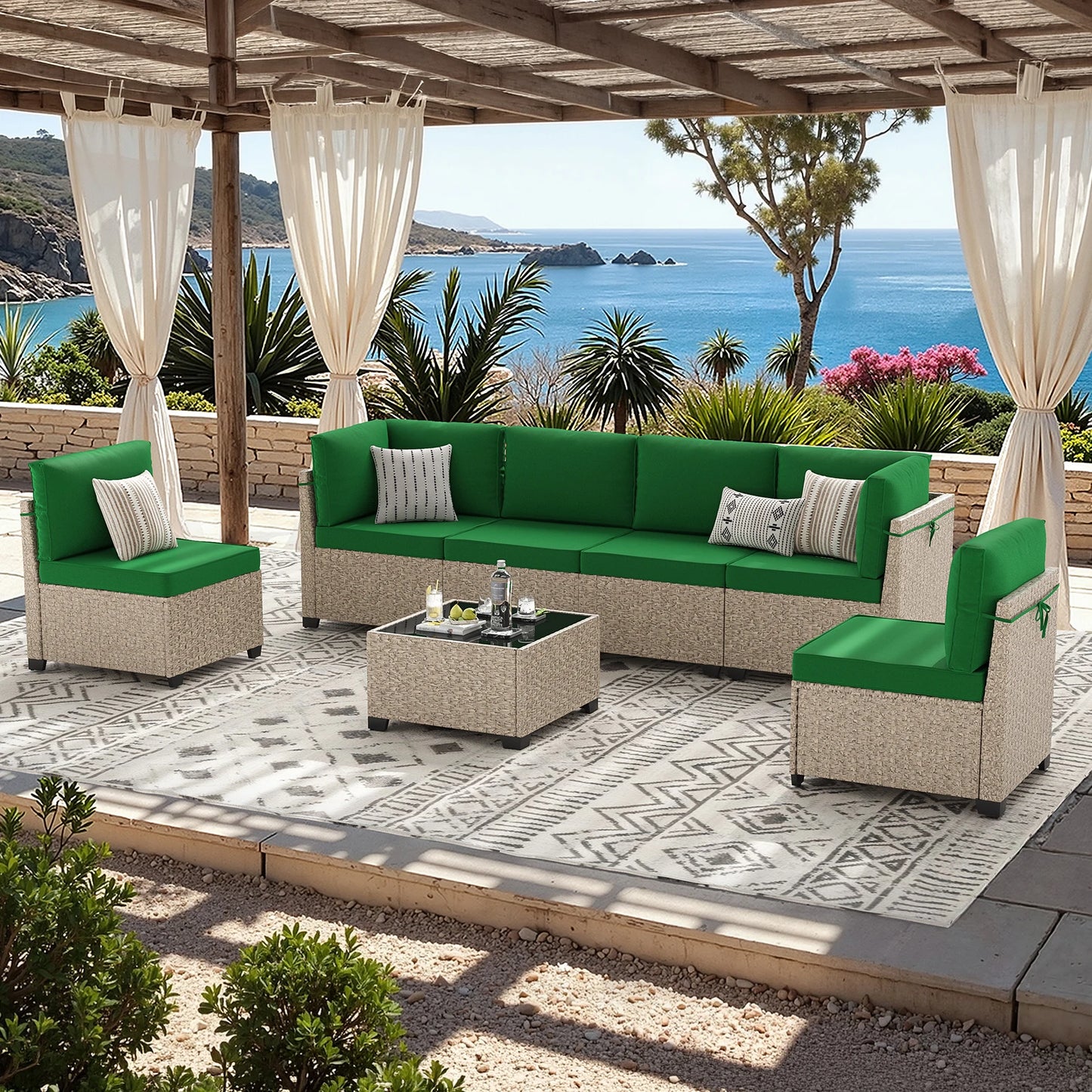 7-Piece Outdoor Rattan Sectional Sofa Set – 6-Seat Modular Patio Furniture with Tempered Glass Coffee Table