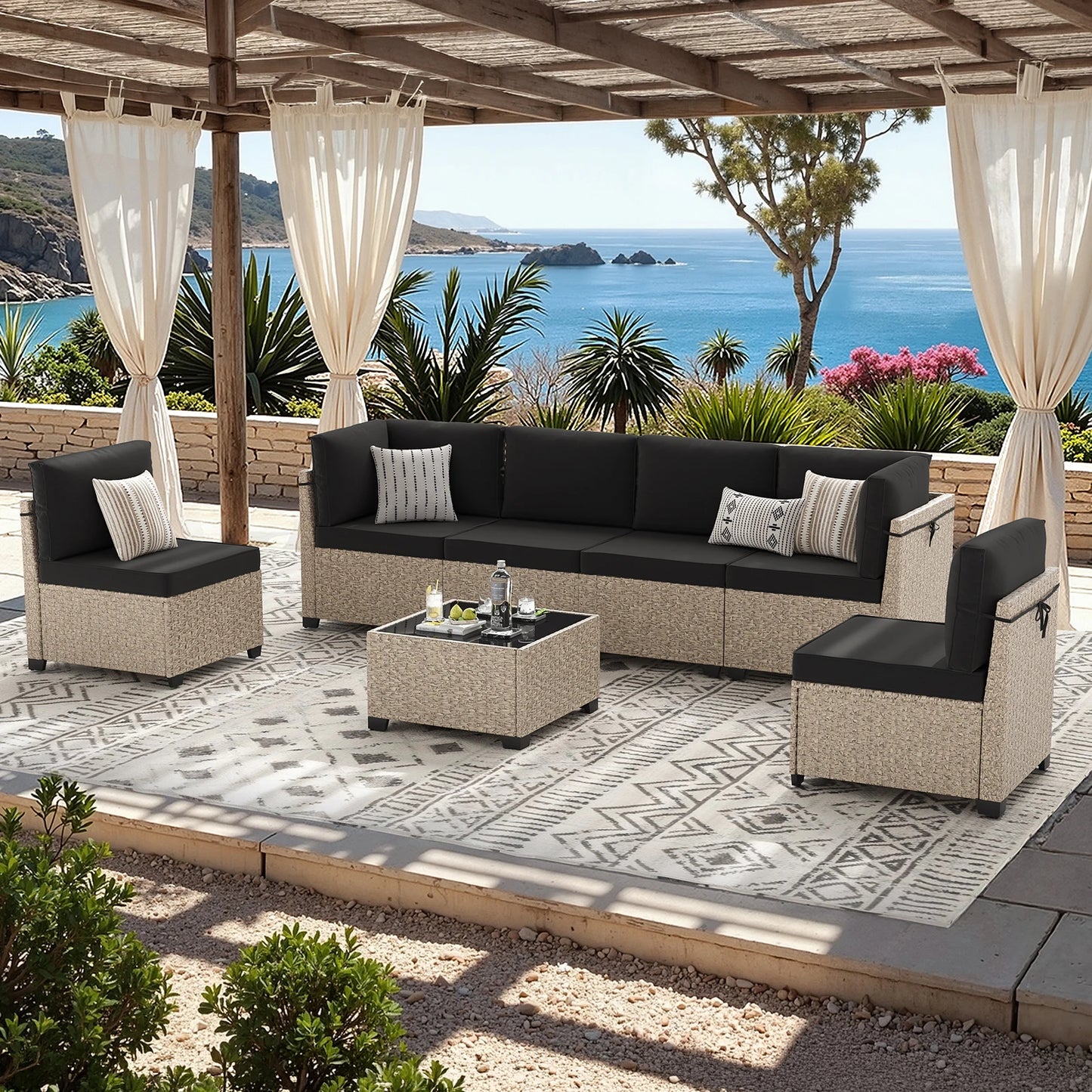 7-Piece Outdoor Rattan Sectional Sofa Set – 6-Seat Modular Patio Furniture with Tempered Glass Coffee Table