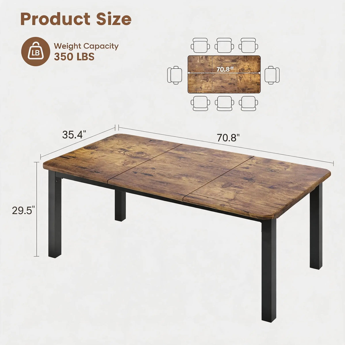 Industrial Dining Table for 4–10 – Wood Grain Top & Meta - 3 sizes available: 63", 70.8", or 78.7"