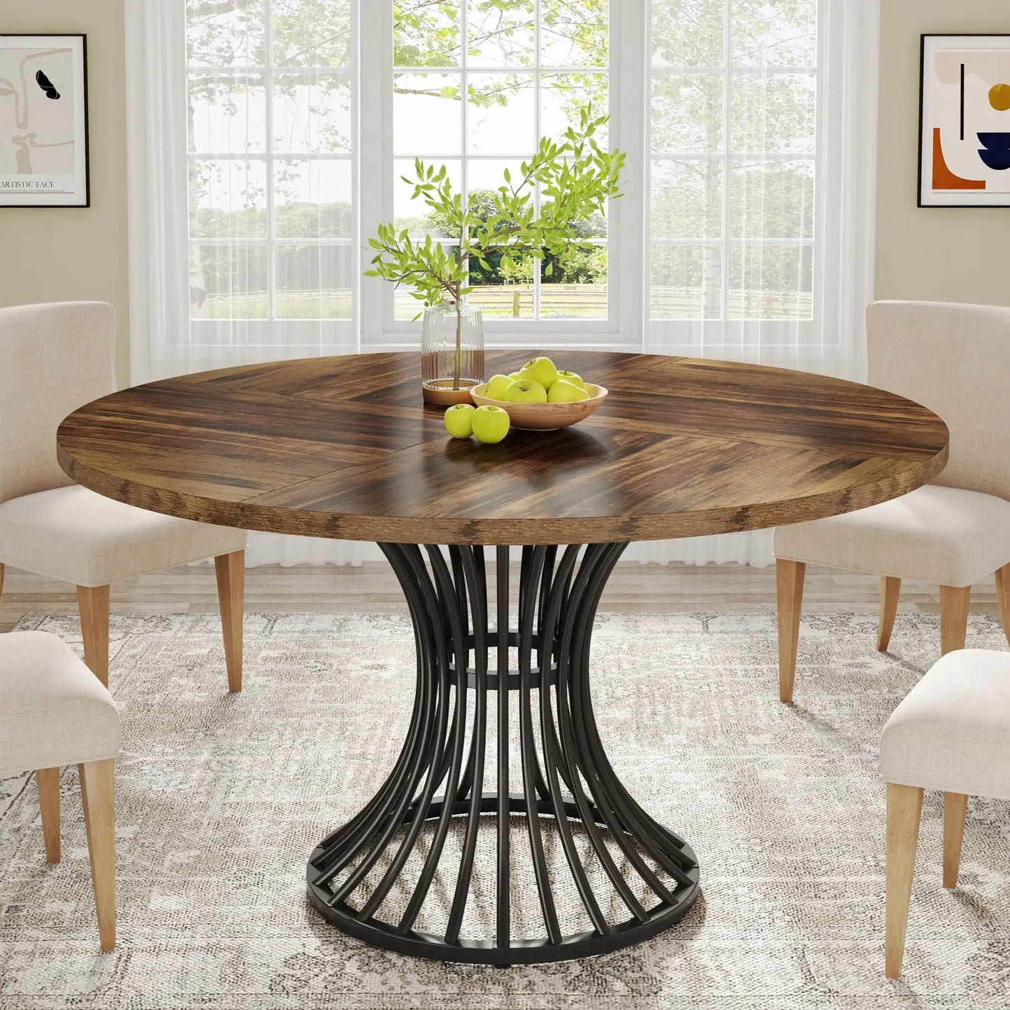 Tribesigns 47" Round Dining Table for 4–6 – Farmhouse Wood Table with Sculptural Metal Base