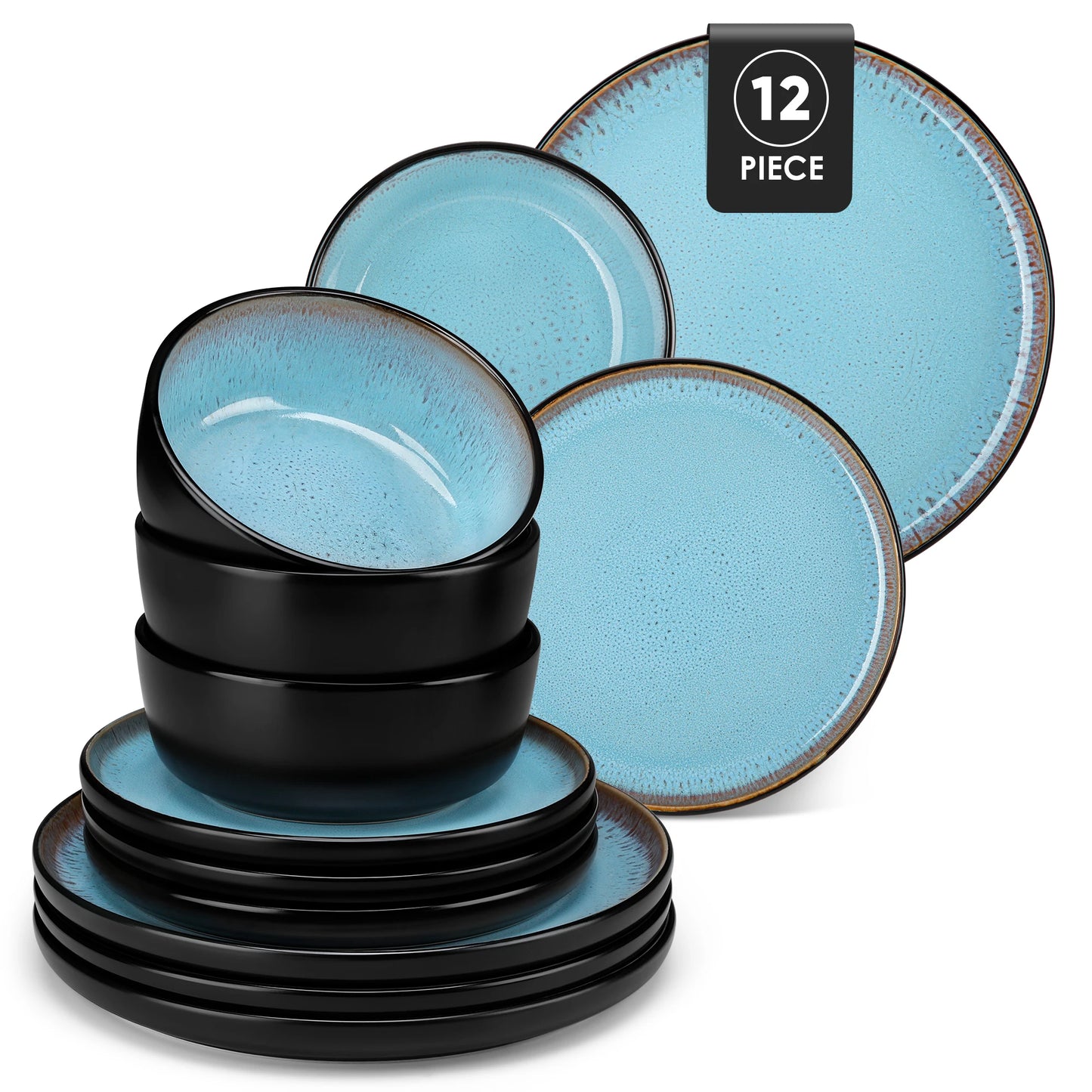Vancasso AMBER Ceramic Dinnerware Set – Stone Black with Color Interior, 12 or 16 Piece