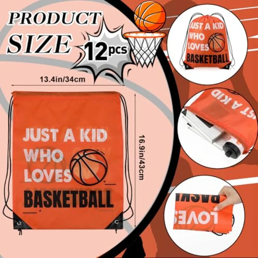 Basketball Party Favor Set – 12 Sports Water Bottles & 12 Drawstring Goodie Bags
