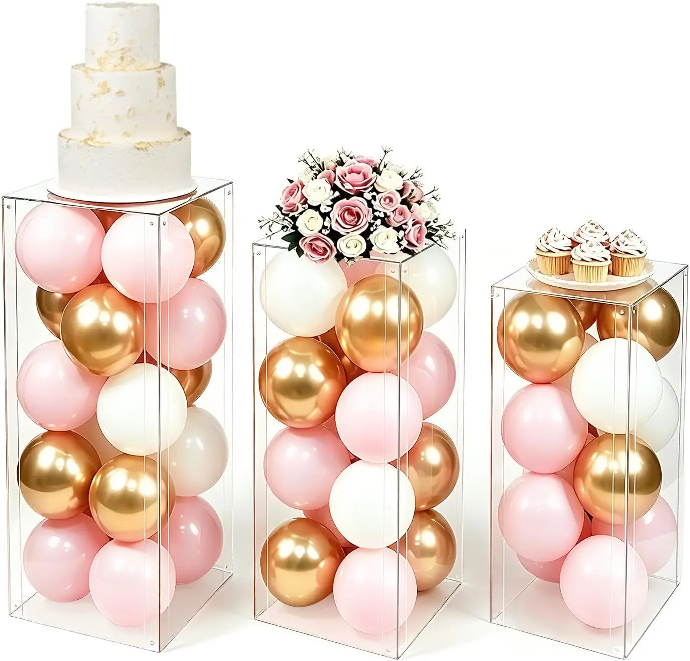 3-Piece Clear Acrylic Pedestal Stand Set – 23.6", 27.6" & 31.5" Fillable Display Plinths for Events