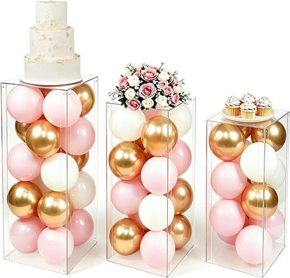 3-Piece Clear Acrylic Pedestal Stand Set – 23.6", 27.6" & 31.5" Fillable Display Plinths for Events