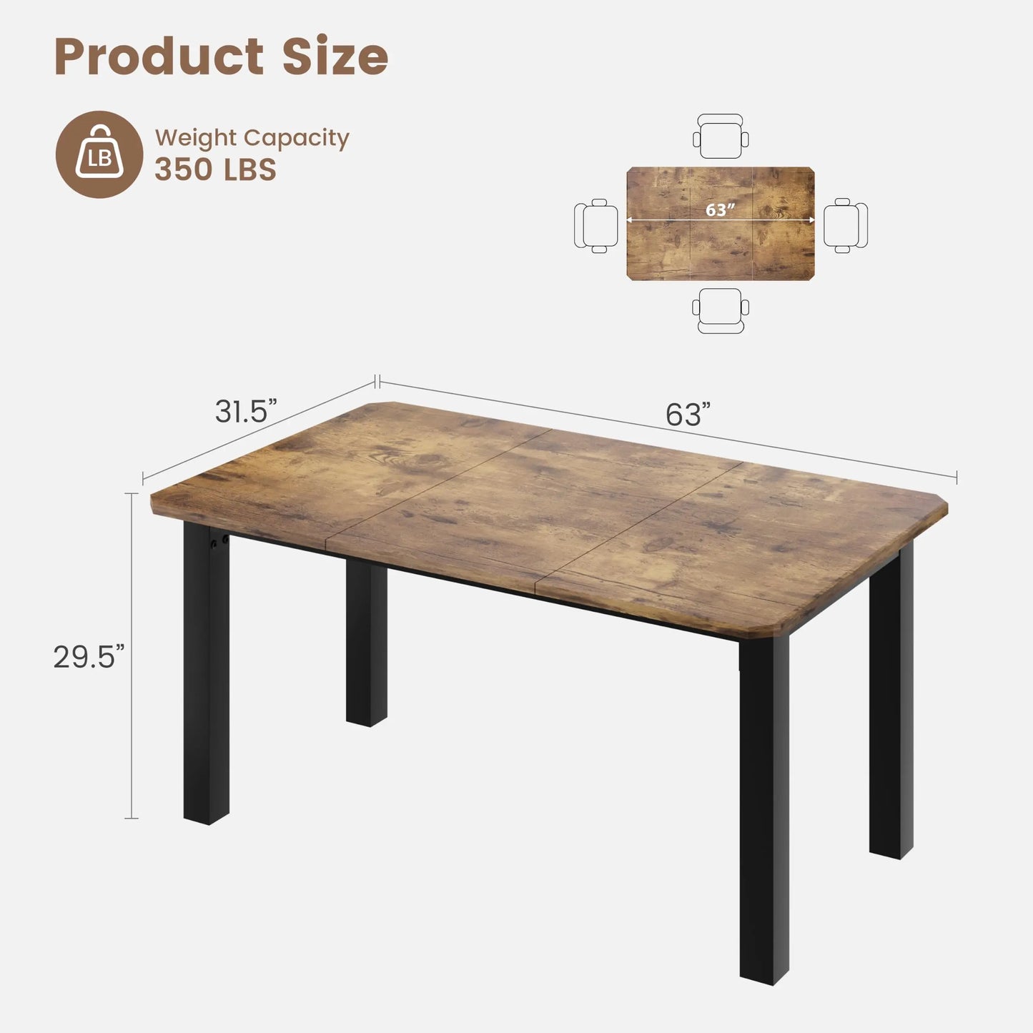 Industrial Dining Table for 4–10 – Wood Grain Top & Meta - 3 sizes available: 63", 70.8", or 78.7"