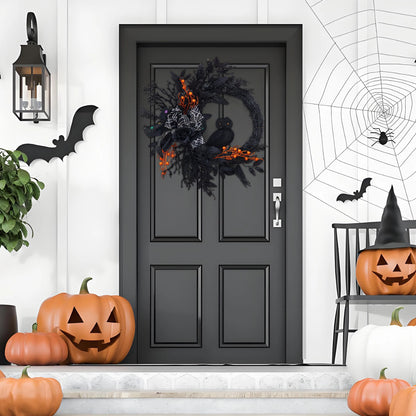 22" Black Halloween Wreath with Owl, Spider Web & Orange Berries