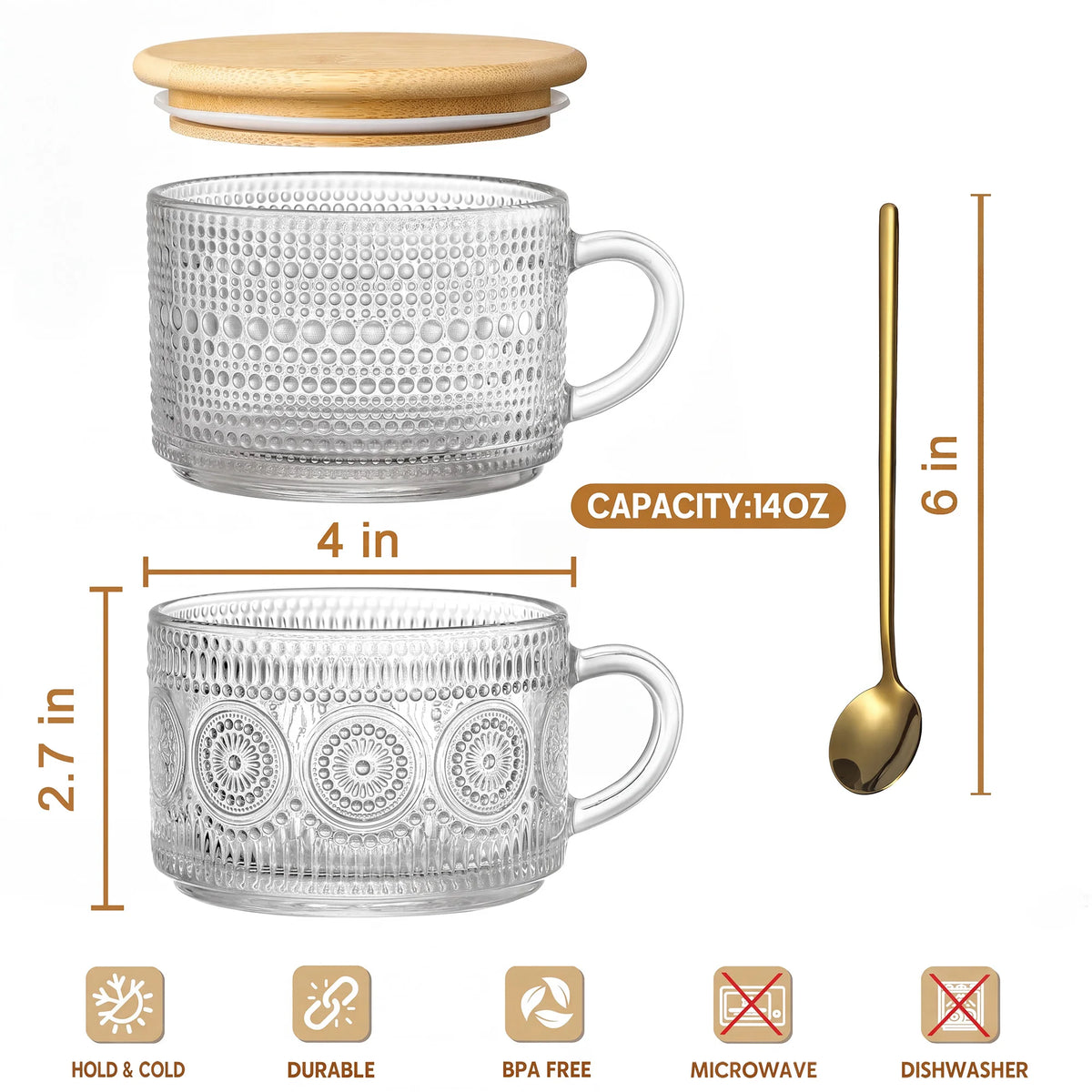 4-Piece 14 oz Vintage Embossed Glass Mug Set with Bamboo Lids & Gold Spoons