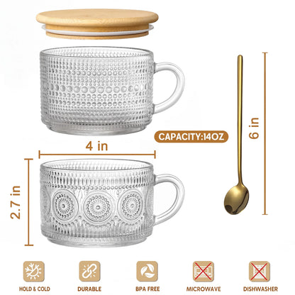 4-Piece 14 oz Vintage Embossed Glass Mug Set with Bamboo Lids & Gold Spoons