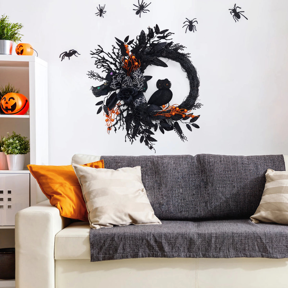 22" Black Halloween Wreath with Owl, Spider Web & Orange Berries