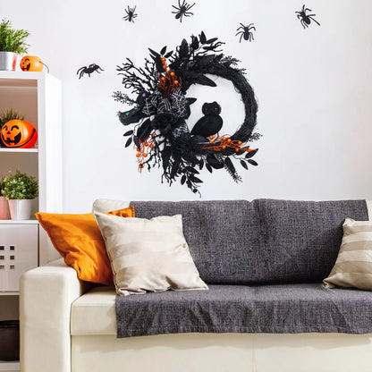 22" Black Halloween Wreath with Owl, Spider Web & Orange Berries