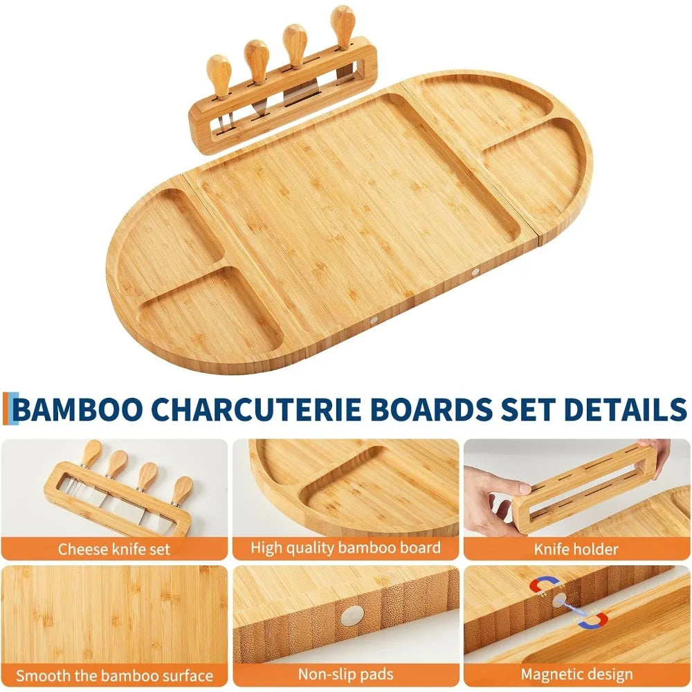 4-Piece Magnetic Wood Charcuterie Board Set – 23" Modular Cheese & Serving Board with Knife Set
