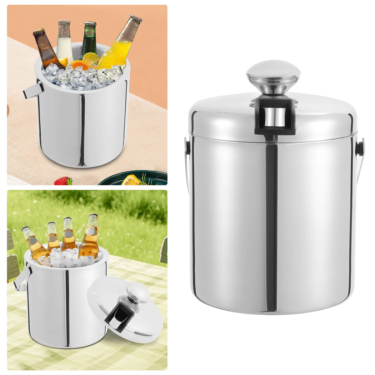 1.3L Double-Wall Stainless Steel Ice Bucket Set with Tongs, Strainer & Lid