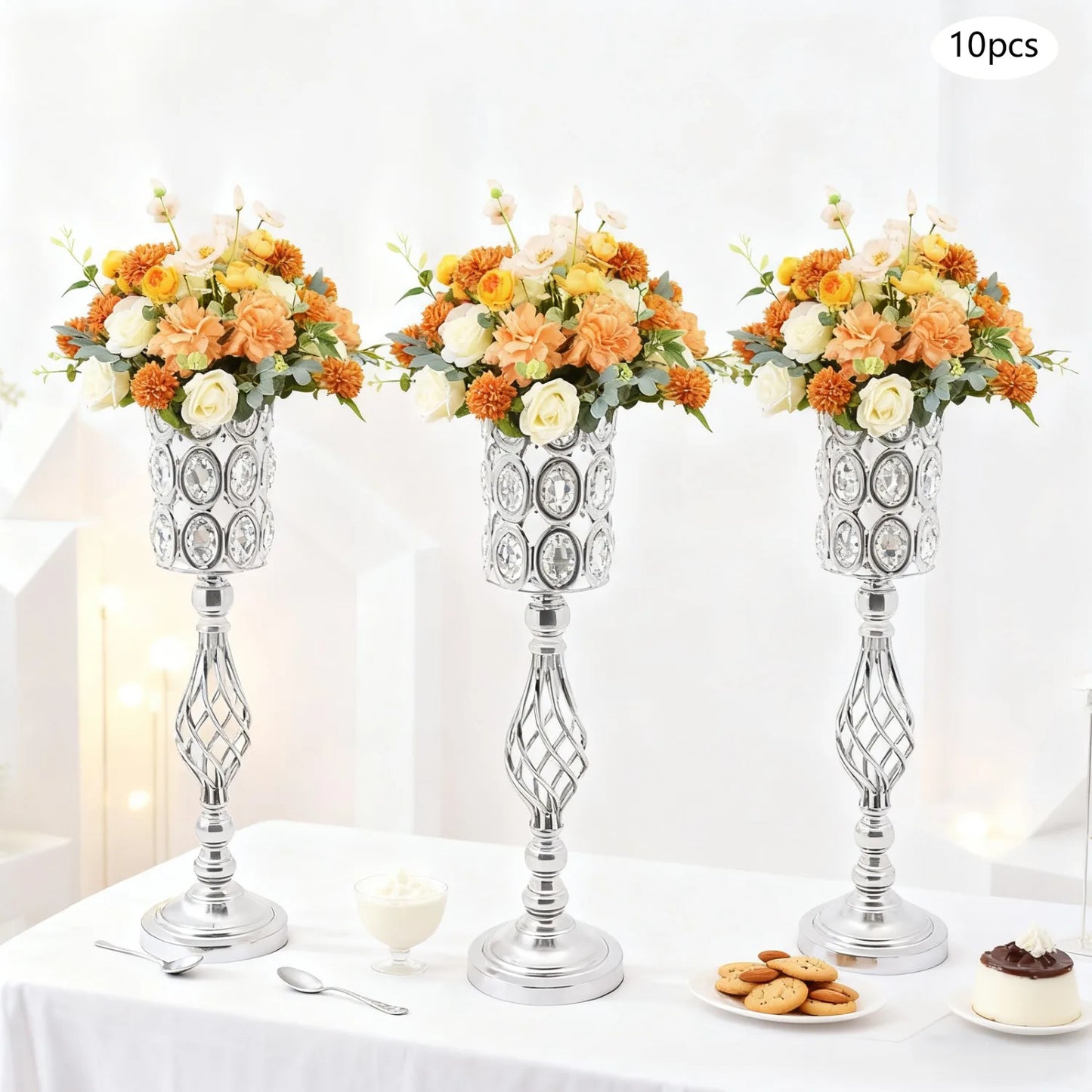 24" Silver Crystal Floral Centerpiece Stands – 10 Piece Set