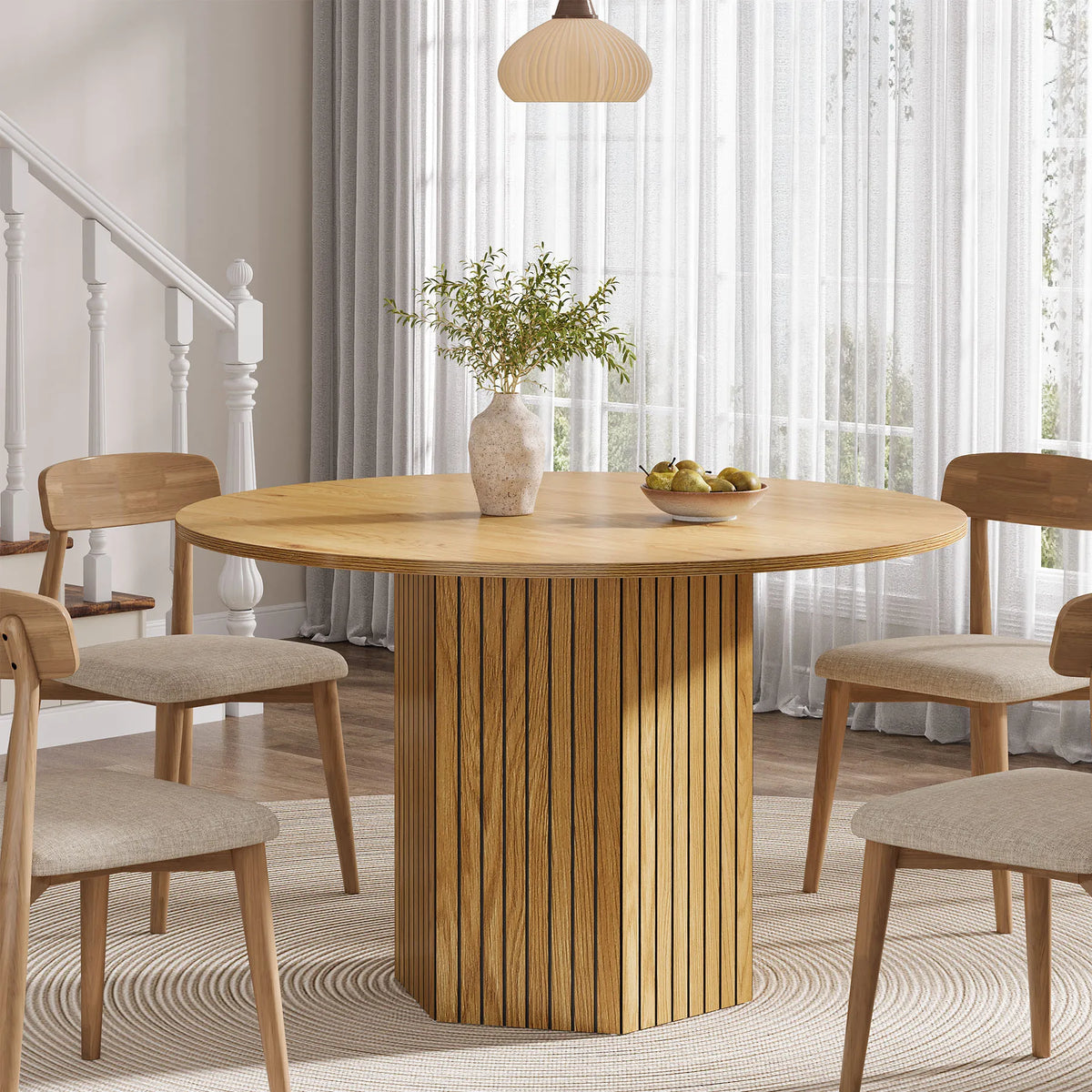Tribesigns 47" Round Dining Table for 4–6 – Farmhouse Wood Table with Sculptural Metal Base