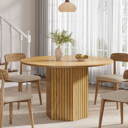 Tribesigns 47" Round Dining Table for 4–6 – Farmhouse Wood Table with Sculptural Metal Base
