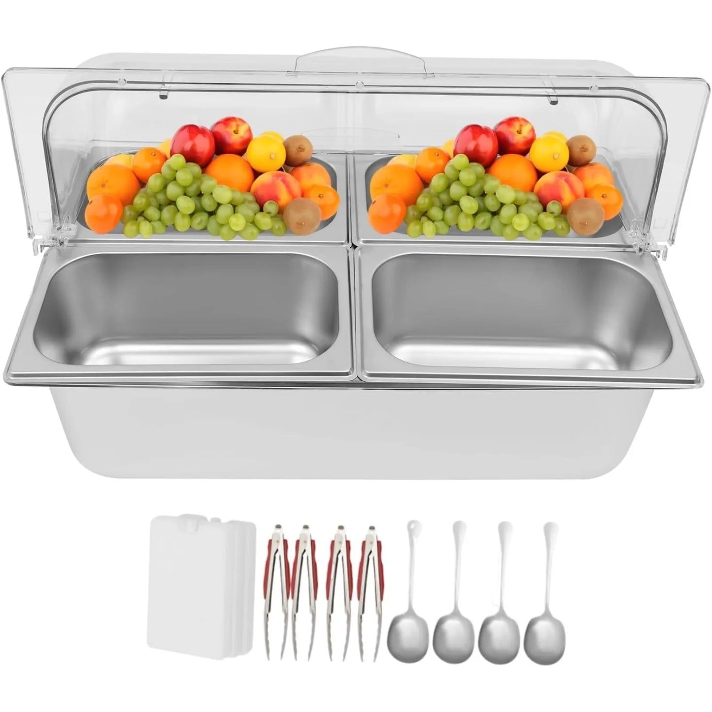 4-Compartment Stainless Steel Chilled Serving Station with Flip Top Lid