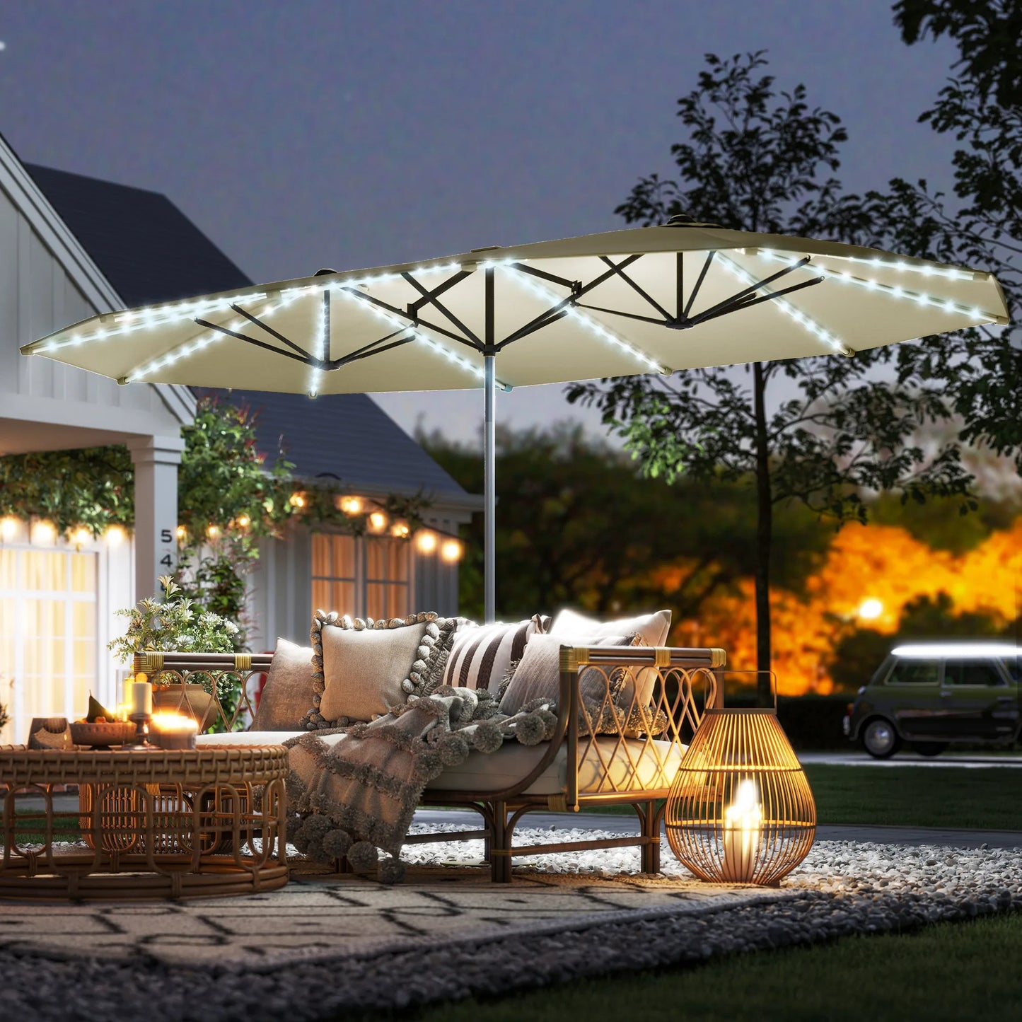 15FT Double-Sided Solar LED Patio Umbrella with UPF 50+ Sun Protection