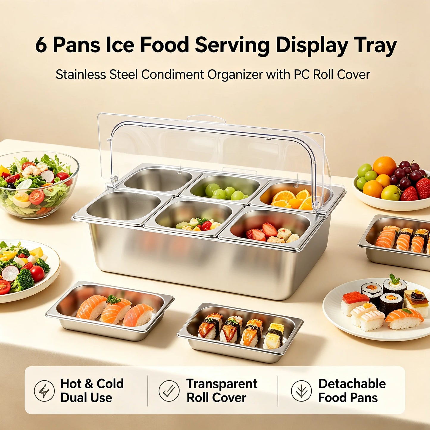 6-Pan Hot & Cold Buffet Serving Station with Roll-Top Cover