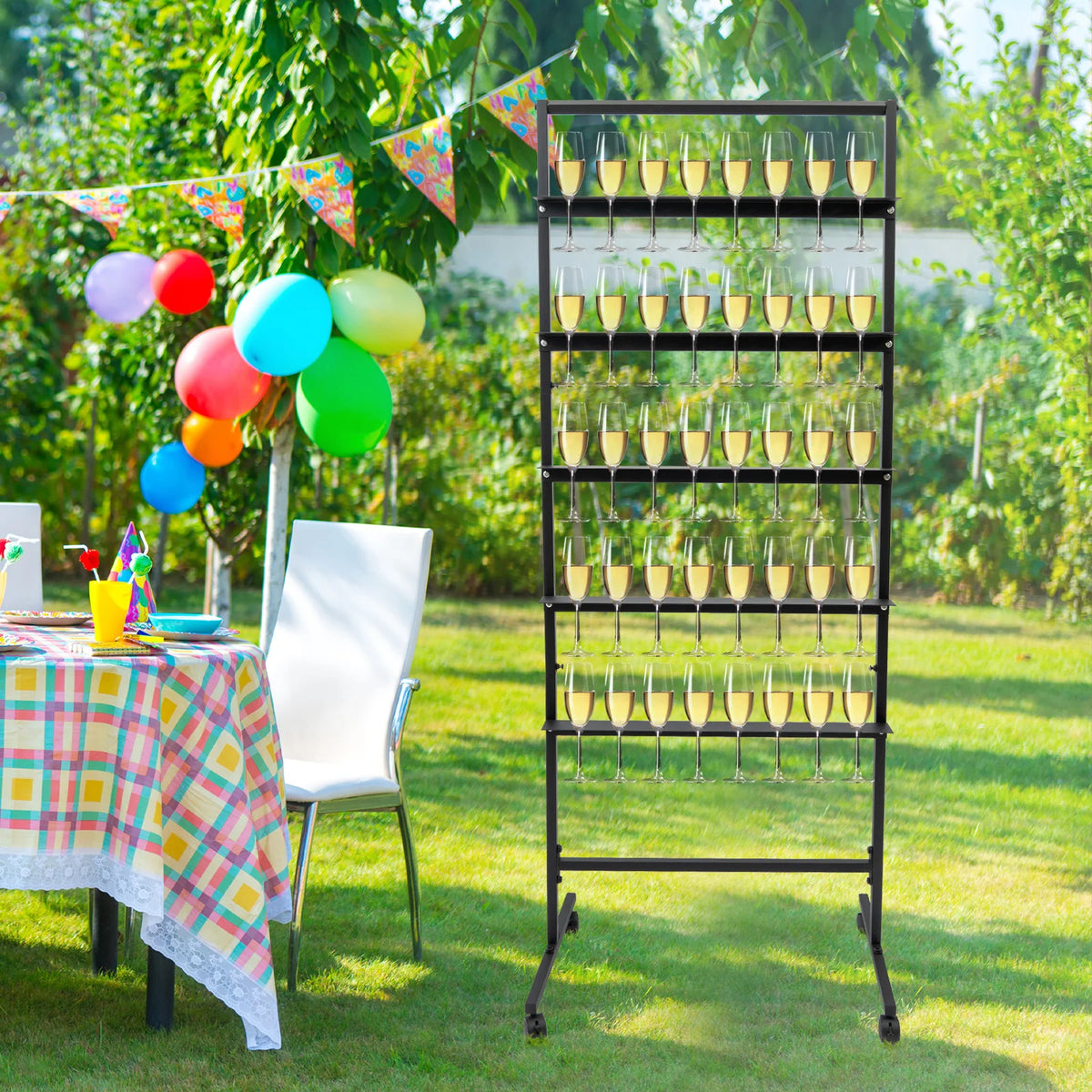5-Tier Rolling Champagne & Stemware Display Stand – Holds 40 Glasses