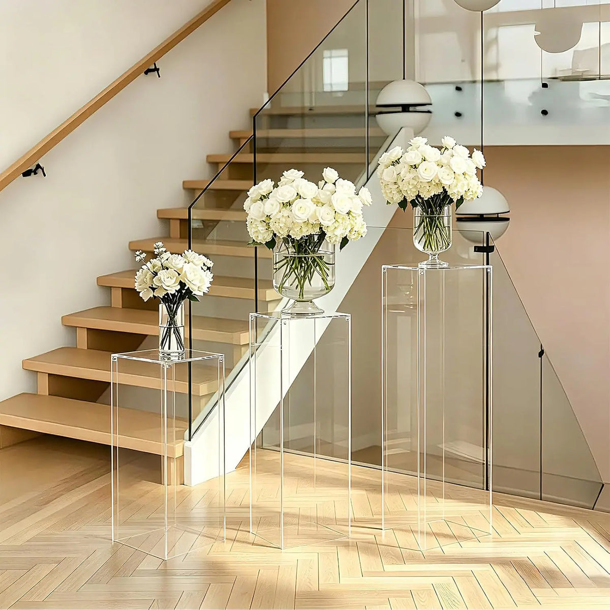 3-Piece Clear Acrylic Pedestal Stand Set – 23.6", 27.6" & 31.5" Fillable Display Plinths for Events