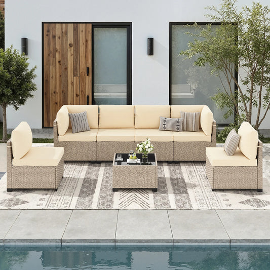 7-Piece Outdoor Rattan Sectional Sofa Set – 6-Seat Modular Patio Furniture with Tempered Glass Coffee Table