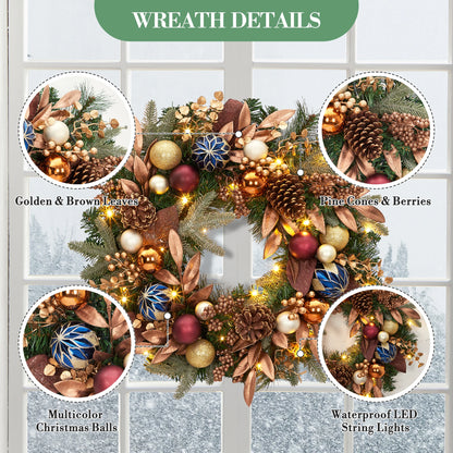 24 Inch Pre‑lit Christmas Wreath, Artificial Xmas Wreath with 20 Waterproof LED Lights, Pine Cones Berries Xmas Balls Golden Leaves, 8 Lighting Modes for Front Door Wall Window Holiday Decor