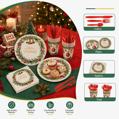 350-Piece Christmas Disposable Dinnerware Set – Serves 50