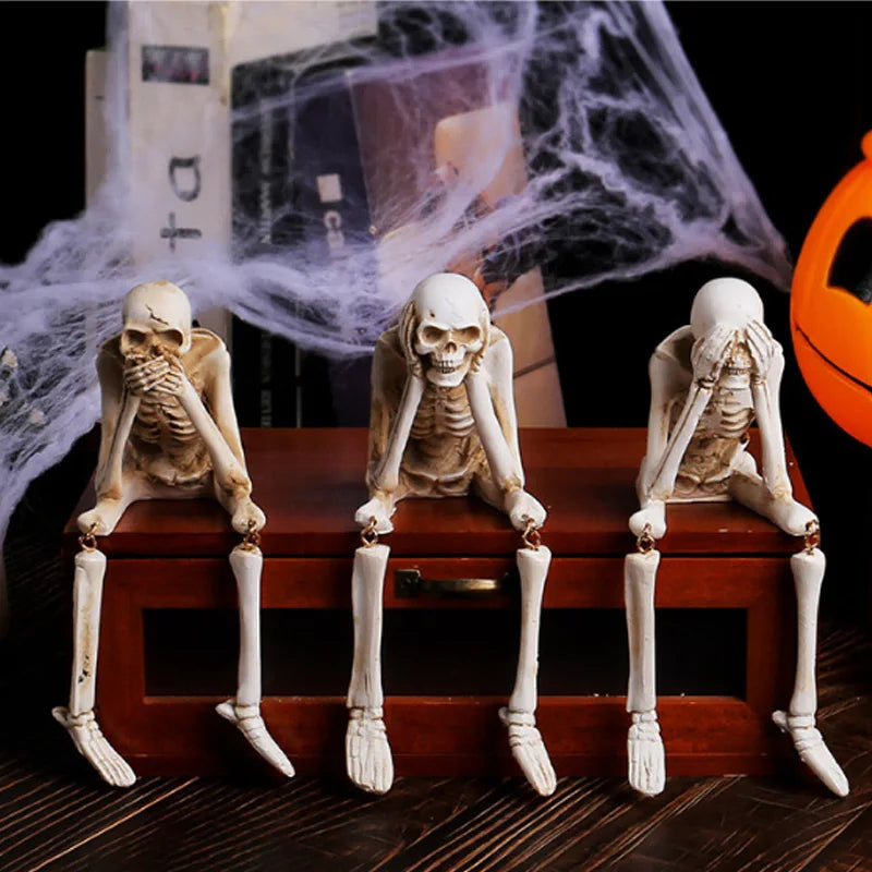 3-Piece Hear No See No Speak No Evil Skeleton Figurine Set – Gothic Halloween Tabletop Décor