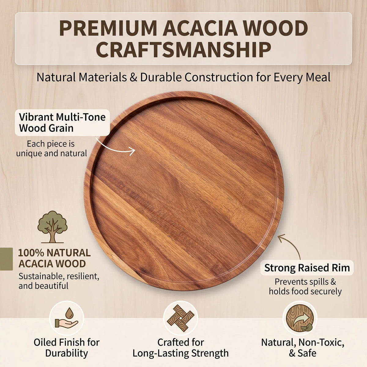 4-Piece Acacia Wood Round Serving Tray Set – 11.8" Platters