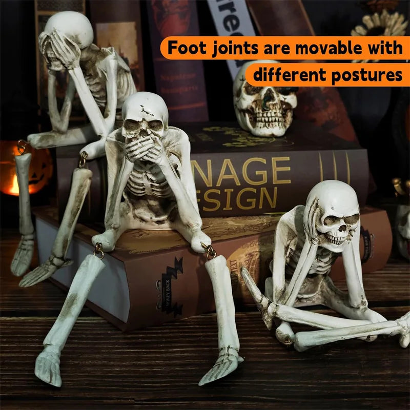3-Piece Hear No See No Speak No Evil Skeleton Figurine Set – Gothic Halloween Tabletop Décor