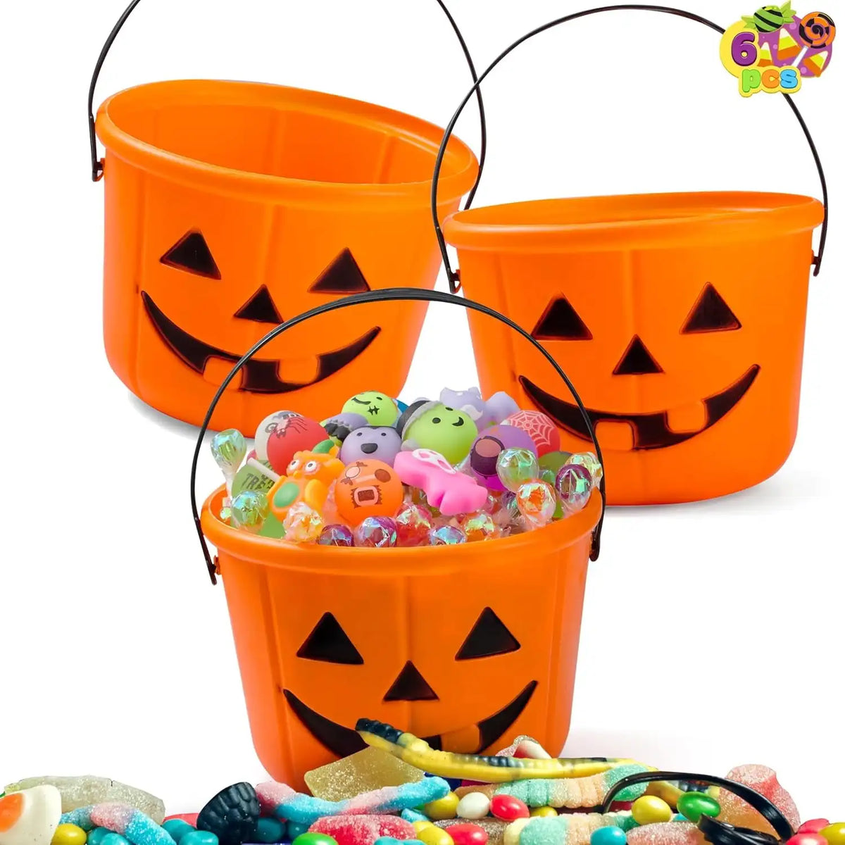 6-Pack Halloween Jack-O'-Lantern Pumpkin Trick-or-Treat Buckets – Orange Candy Pails with Handles