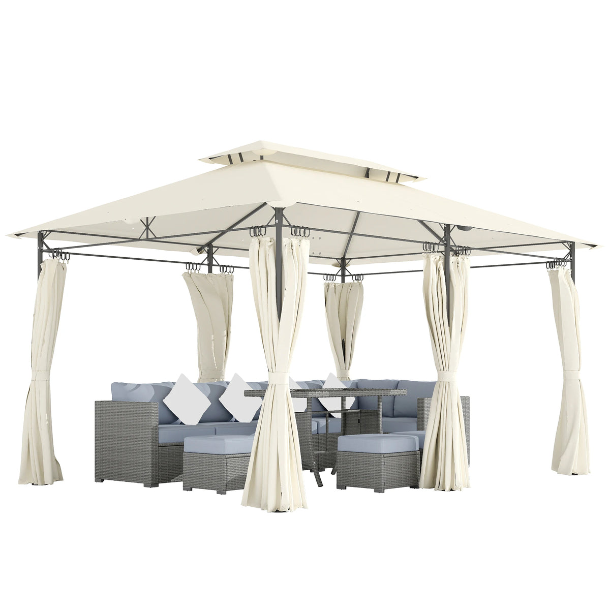 10 × 13FT Double-Roof Patio Gazebo with Removable Curtains – Cream White
