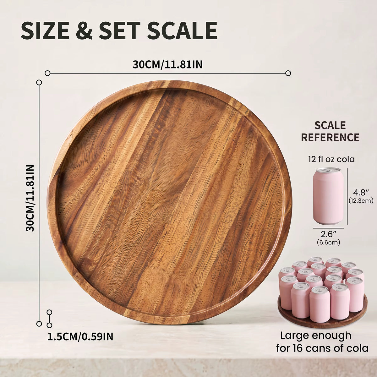 4-Piece Acacia Wood Round Serving Tray Set – 11.8" Platters