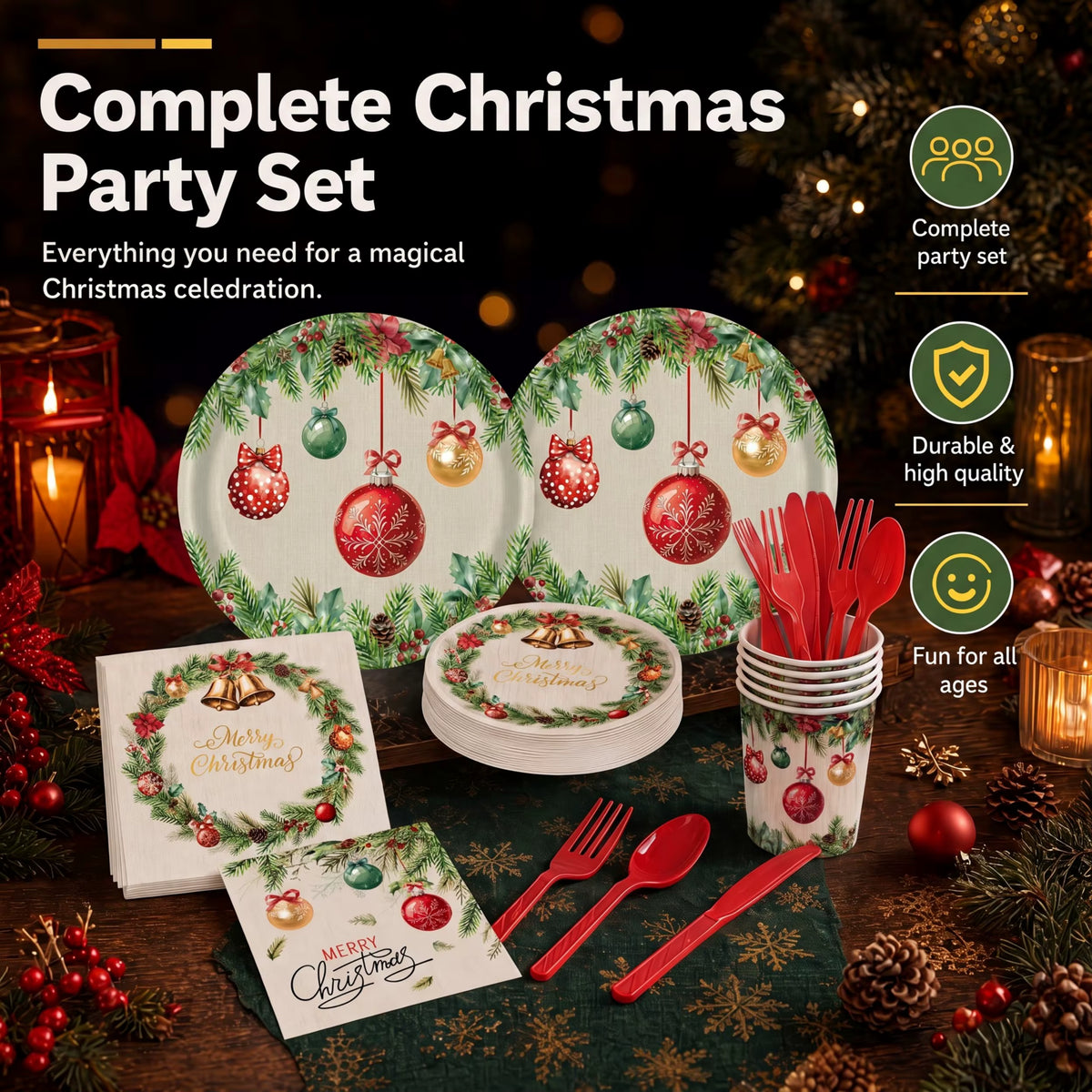 350-Piece Christmas Disposable Dinnerware Set – Serves 50