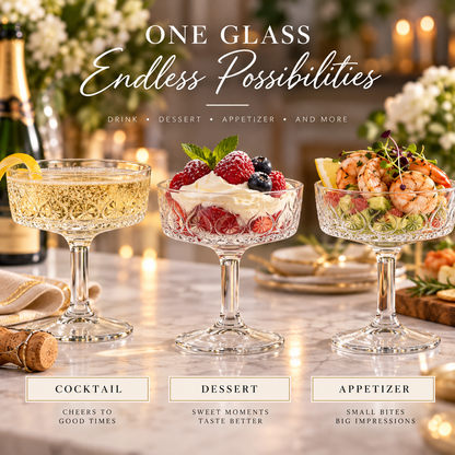 12-Piece Embossed Crystal Coupe Glass Set – 5.4 oz Vintage Cocktail & Dessert Glasses